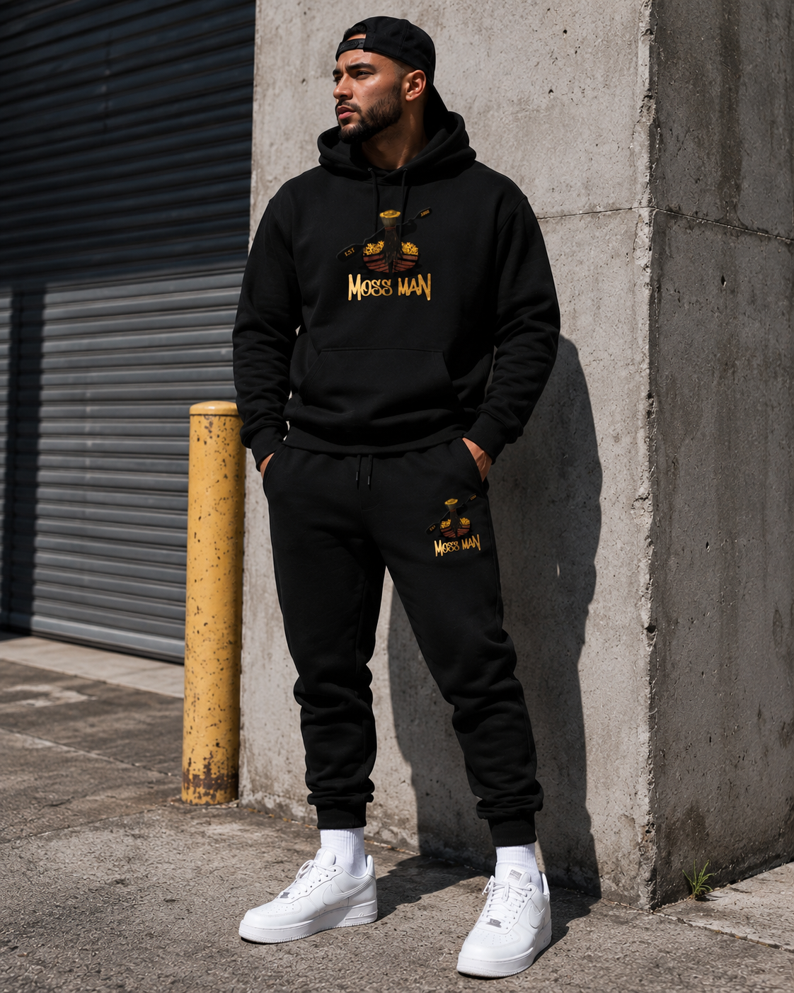 Model wearing Moss Man Hoodie & Sweatpants Set