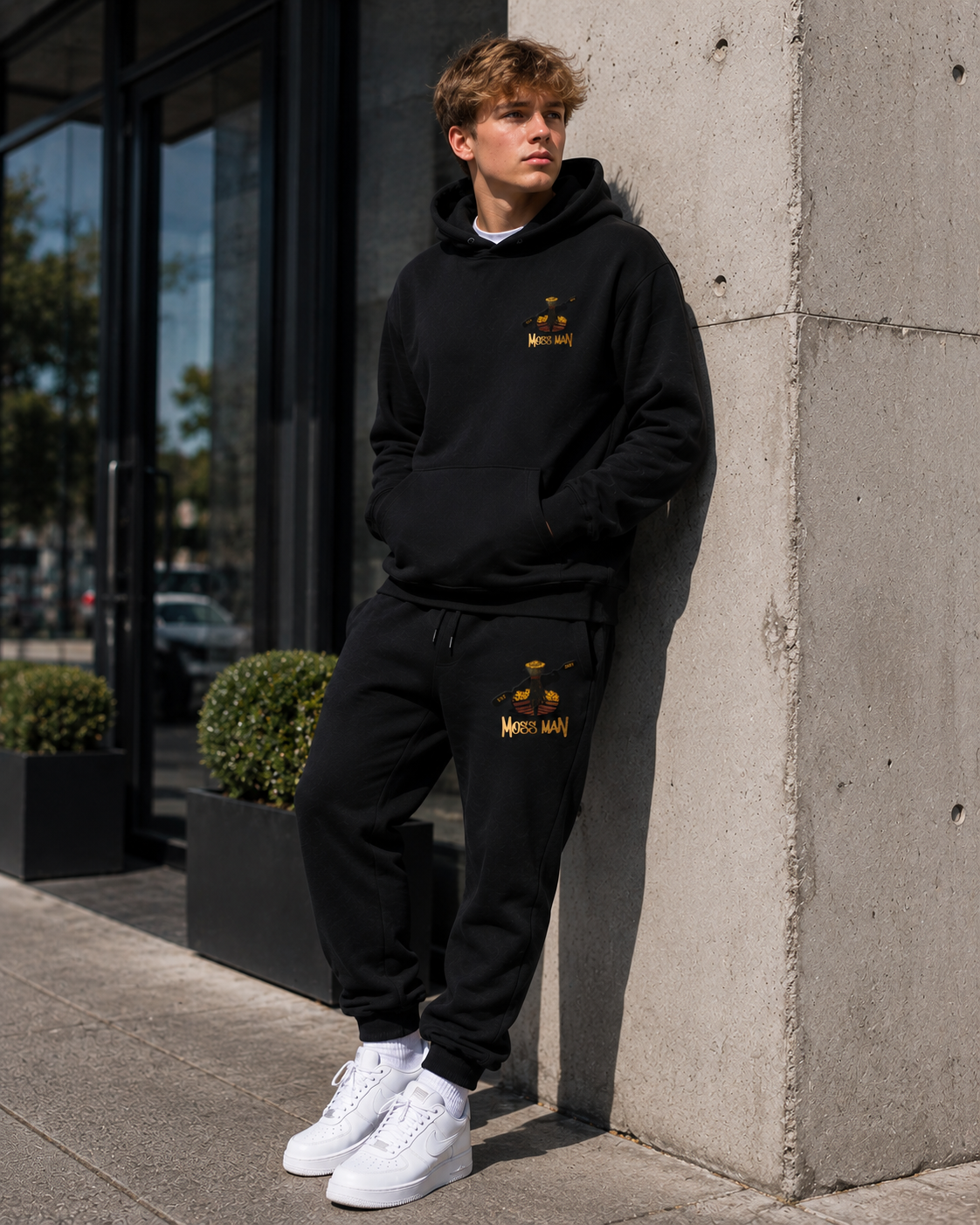 Model wearing Moss Man Hoodie & Sweatpants Set