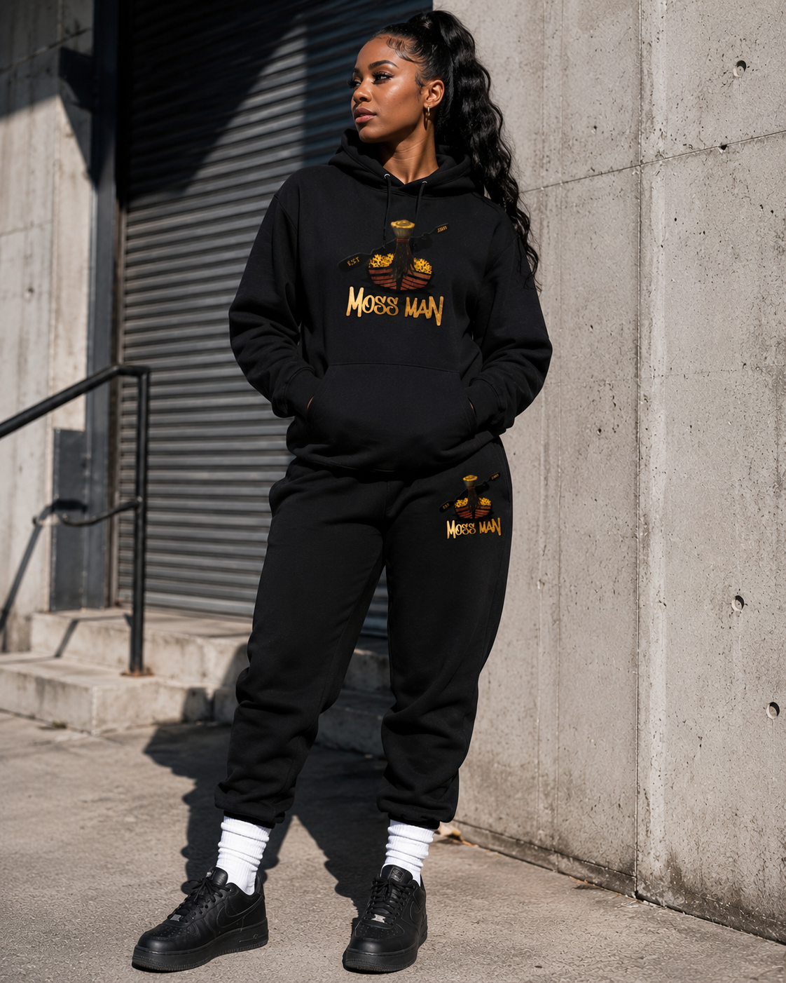 Model wearing Moss Man Hoodie & Sweatpants Set