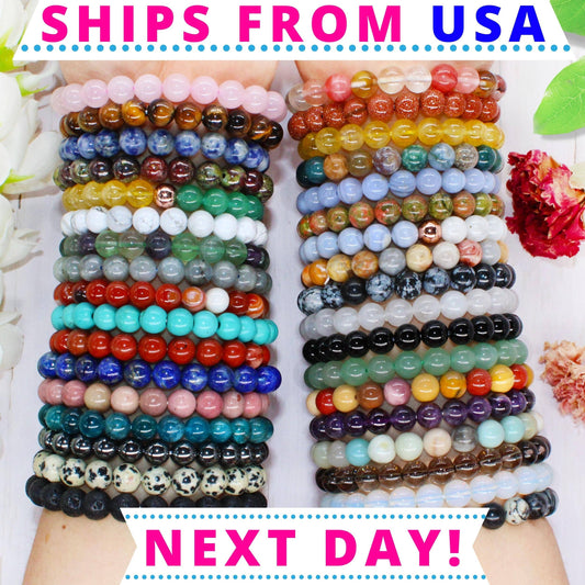 Crystal Bracelet for Women Men, 8mm, 4mm Bead Bracelet Stack: Amethyst / 8mm Bead Size