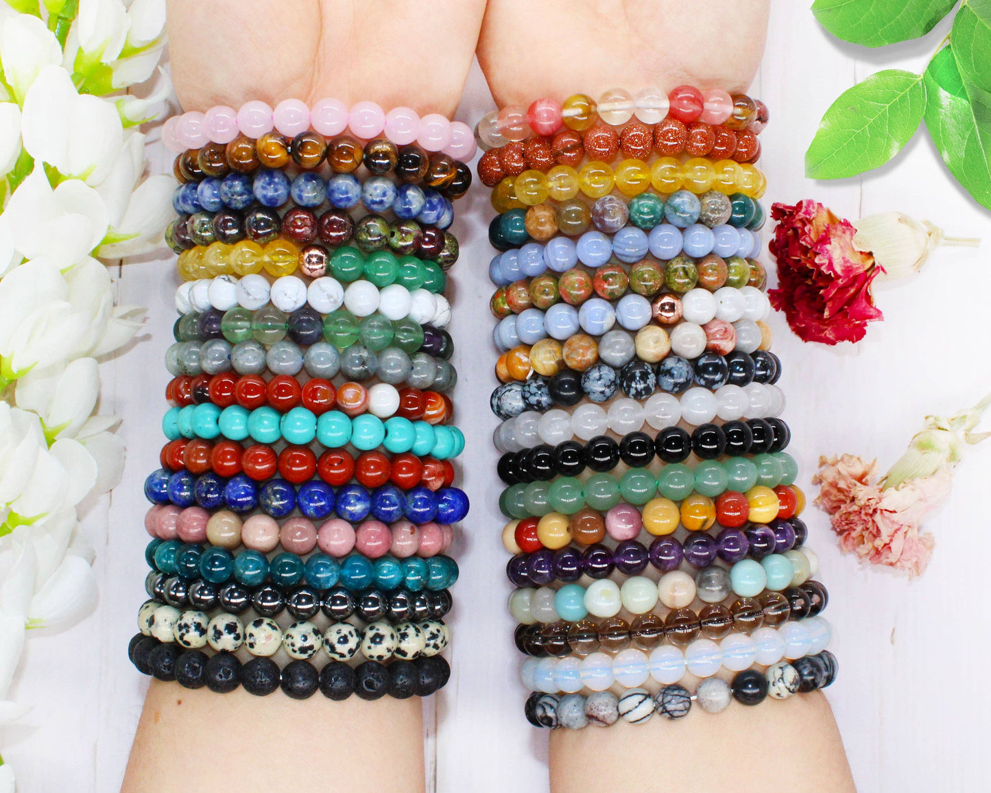 Crystal Bracelet for Women Men, 8mm, 4mm Bead Bracelet Stack: Rose Quartz / 8mm Bead Size